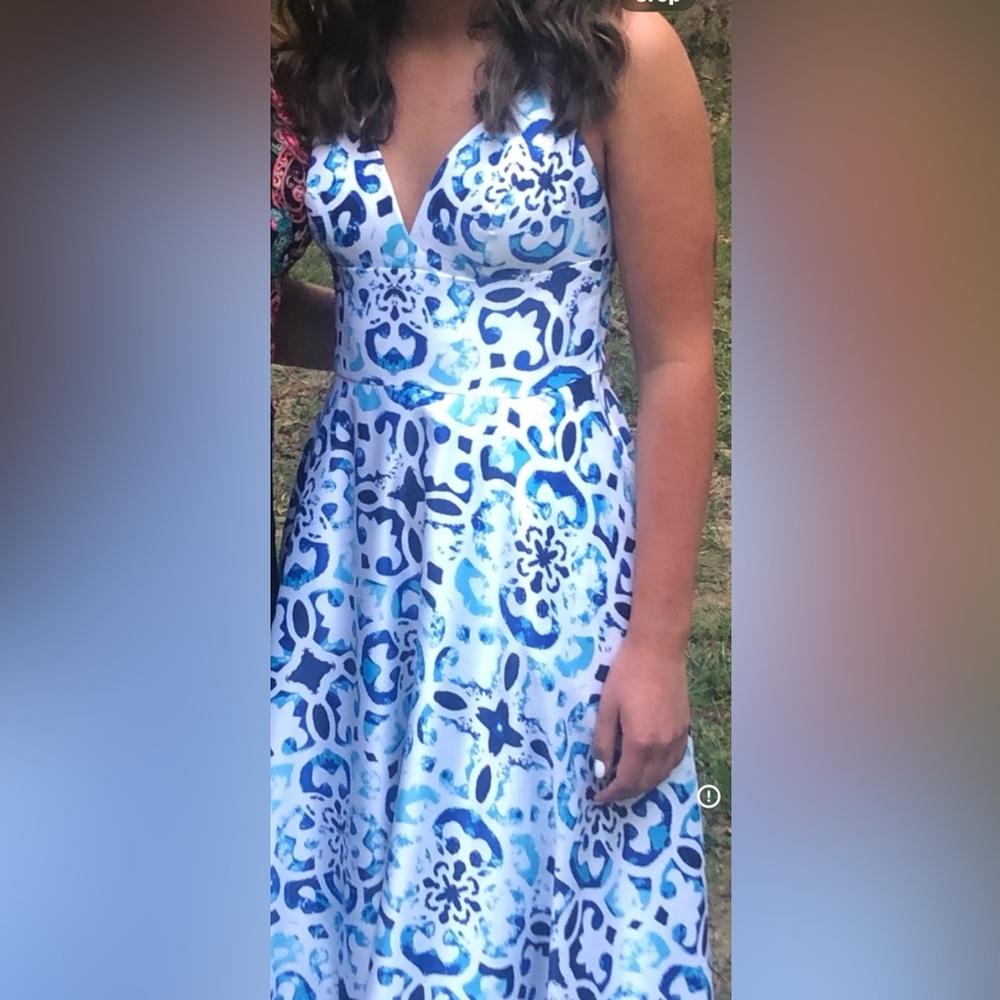 Betsy & Adam Floral Blue and White Prom Dress